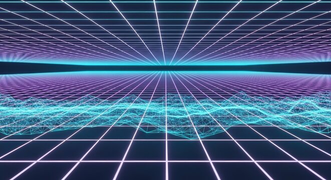 Vibrant neon grid with dynamic purple and blue lights in futuristic digital landscape - Powered by Adobe