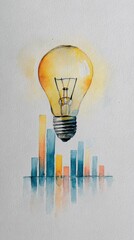 A creative watercolor illustration featuring a glowing light bulb above colorful rising bar graphs, symbolizing ideas and growth.
