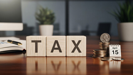 Wooden blocks spell T A X next to coins and calendar