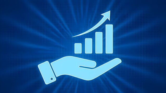 Light blue minimalist icon of a hand holding a growing bar chart with an upward arrow against a dark blue grid background with light rays emanating outward. - Powered by Adobe