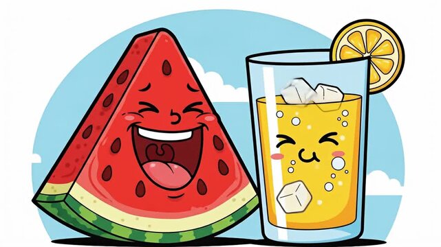 Cartoon Watermelon and Lemonade: A Refreshing Summer Duo.