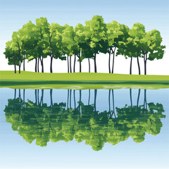 Reflection of lush green trees in calm water.
