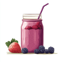 Refreshing Berry Smoothie in a Jar with Fresh Fruits and Straw.