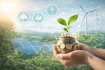 Hand Holding Plant and Coins with Renewable Energy Concept