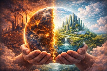 Hands Holding Split Earth Showing Climate Change Concept