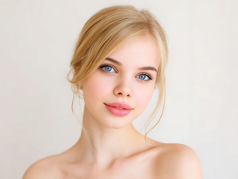 Model face high detail portrait minimalist background refined mood clean tone soft lighting straight-on, Realistic Photo