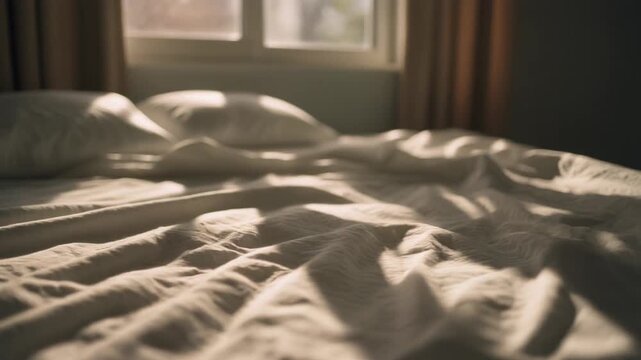 Soft morning light casts a gentle glow on the rumpled, empty bedsheets, inviting contemplation of comfort, rest, and the tranquil start to a new day