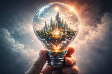 Futuristic City Inside Light Bulb Symbolizing Innovation