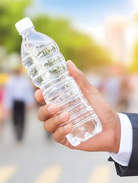 Person multitasking with water bottle and phone daily routine representation relatable mood ambient indoor light stock lifestyle photography eye-level, Realistic Photo