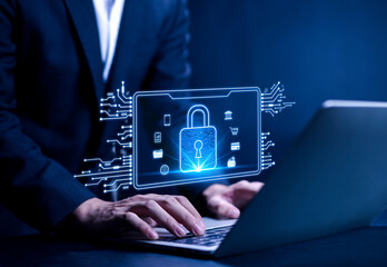 Lock screen concepts related to cybersecurity or internet network technology, such as cyber virus protection, lock icon, and internet network security technology; personal information.  