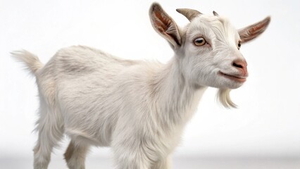 A cute white horned goat with brown spots stands in the green grass of a rural farm, showcasing a portrait of domestic livestock in a natural countryside setting