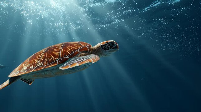A sea turtle swims through sunlit ocean water with beams of light shining down.