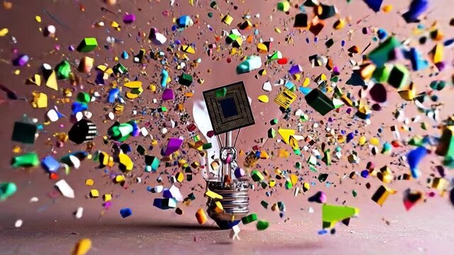 Broken lightbulb exploding with colorful confetti against gradient background