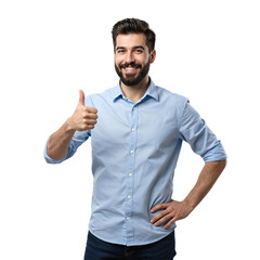 Fototapeta premium Smiling Man in Blue Shirt Giving Thumbs Up