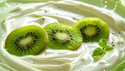 A close-up of kiwi slices on a creamy white substance