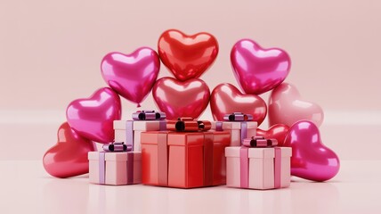 Valentine's Day gifts and heart balloons in pink and red