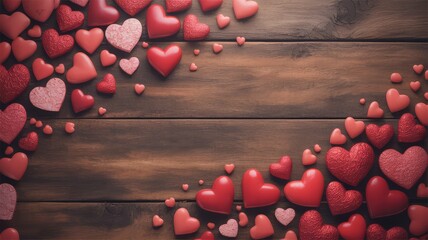 Red and pink hearts on wooden background for Valentine's Day