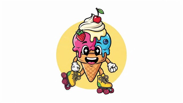 Cartoon Ice Cream Cone on Roller Skates Illustration.
