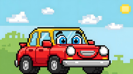 Cute pixel car character smiling