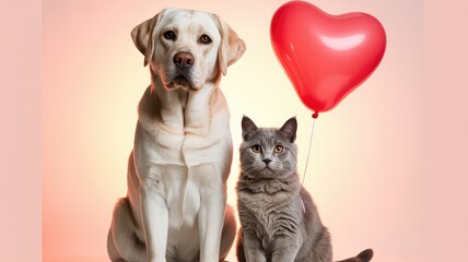 Friendly dog and cat with heart balloon in pink background