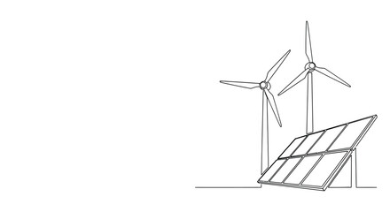 Clean energy concept illustration featuring two wind turbines and a solar panel array in a minimalist line art style © Line Home