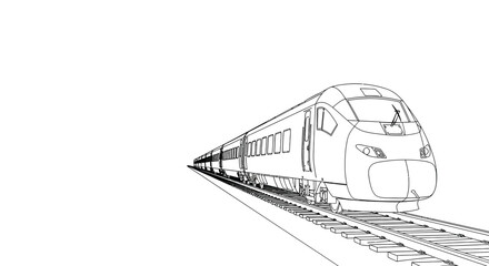 Modern high speed passenger train on railway tracks depicted in a clean black and white line art illustration with ample white space © Line Home