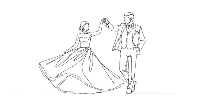 Elegant bride and groom dancing together in a continuous line drawing style on a white background