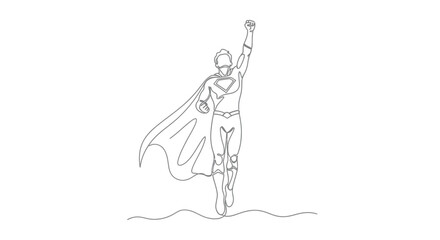 Dynamic single line drawing of a superhero in flight with cape flowing and fist raised in victory against a white background © Line Home
