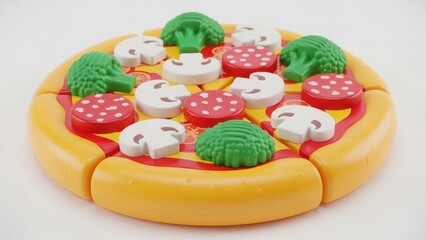 Obraz premium A toy pizza with cheese, mushrooms, and lettuce on a white surface, made of plastic or rubber, isolated on white background