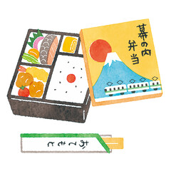 彩り豊かな幕の内弁当のイラスト・駅弁（和食・日本の食文化）