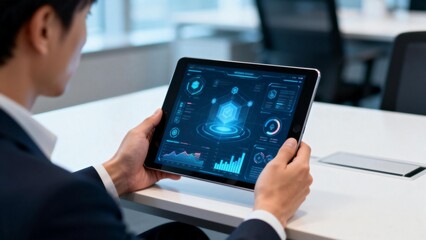 Businessman using tablet with data interface