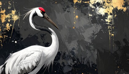 Majestic white crane with red crown on abstract gold black background