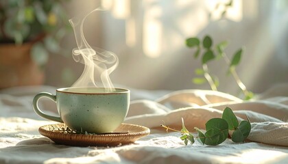 Steaming green tea cup on wicker plate with fresh mint leaves