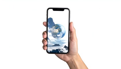 Hand holding smartphone displaying Earth floating in a mountainous landscape, isolated