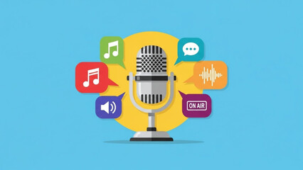 Retro microphone surrounded by colorful speech bubbles with icons for music sound and chat representing podcasting and broadcasting flat vector illustration