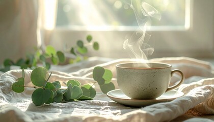 Cozy morning scene with steaming cup of coffee and eucalyptus leaves on a white cloth by the window