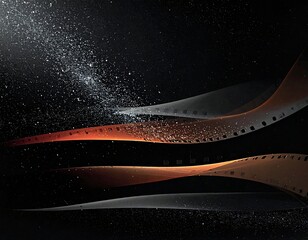 A dark background with three wavy metallic strips and particles