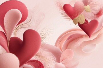 Valentine day abstract background with red and pink hearts soft flowing shapes and golden accents celebrating love and romance