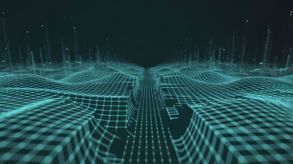Digital Terrain Wireframe Landscape with Glowing Data Points and Vertical Lines on Dark Background, Futuristic Technology Concept