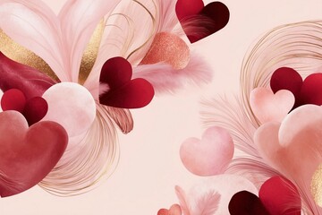 Valentine day artistic background showcasing pink and red hearts elegant golden swirling lines and soft feathers on a light backdrop
