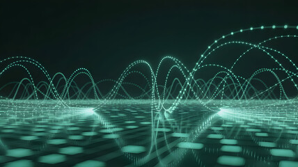 Futuristic Digital Network Flow, Glowing Lines and Data Points, Teal Futuristic Grid Background, Cinematic Motion Graphics
