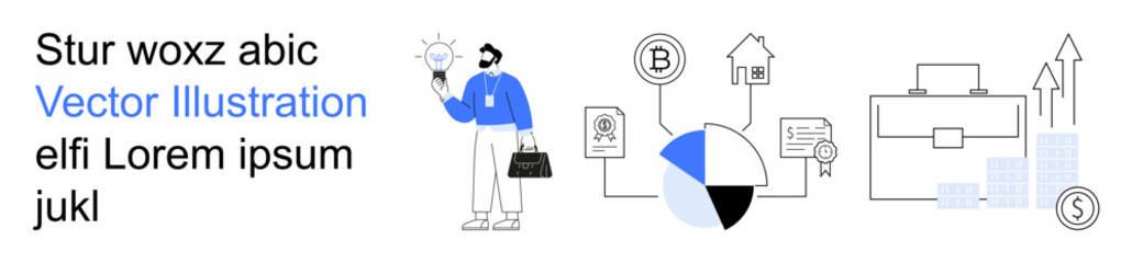 Business growth, data analysis, financial planning, cryptocurrency, decision-making, investments. Person holding a briefcase with financial icons and charts. Business growth and data analysis concept