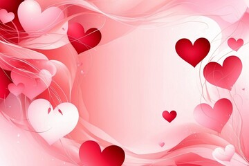 Elegant valentines day background with dynamic swirls of pink and white waves surrounding multiple red and white floating hearts
