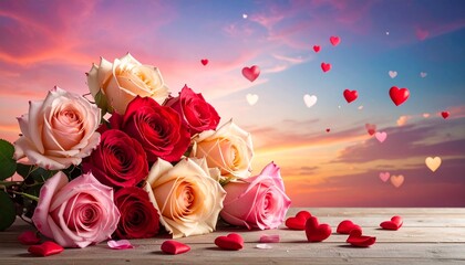 Beautiful roses and hearts on a romantic sunset background