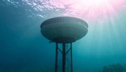 Abandoned underwater water tower with sunbeams shining through