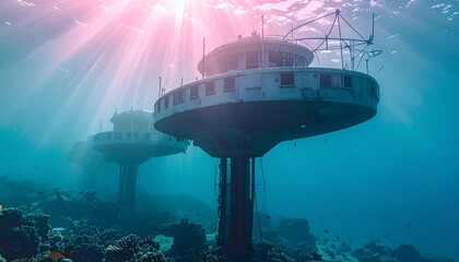 Abandoned underwater structures with vibrant coral reef ecosystem