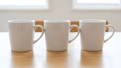 Minimal white coffee mugs on wooden table