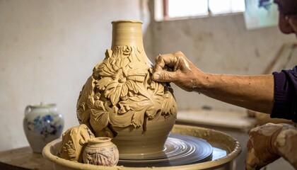Skilled potter crafting intricate ceramic vase on wheel in studio