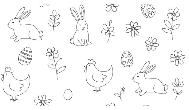 Pastel doodle Easter seamless pattern rabbits chickens eggs