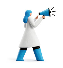 Marketing announcement concept with female character using a loudspeaker to share news.